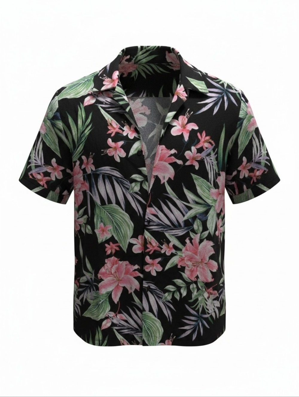 No Boundaries Black Short-Sleeve Floral Tropical resort button up shirt.